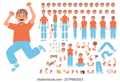 Little boy character constructor. Set of different positions of arms legs body and head for creating animation or your own illustrations. DIY kit. Vector illustration in flat style