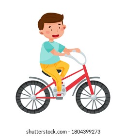 Little Boy Character Cycling Isolated on White Background Vector Illustration