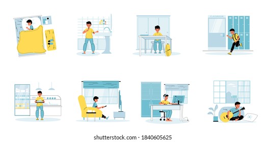 Little boy character day schedule isolated scene set. Children daily life, everyday routine. Cute child sleeping, brushing teeth, studying eating at school, doing homework at computer, playing guitar