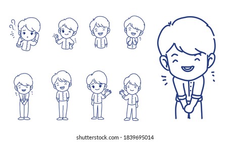 Diseño de carácter de niño pequeño del vector. Conjunto de ilustraciones de dibujos animados.