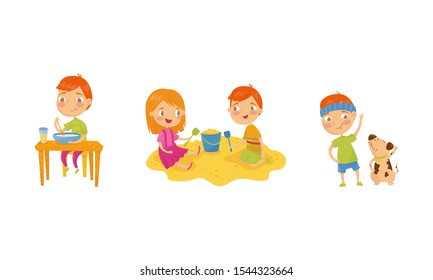 Little Boy Character Doing Different Activities Throughout the Day Vector Illustrations Set