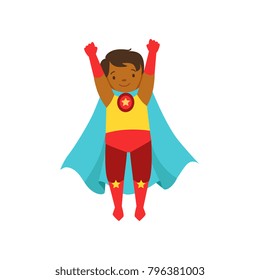 Little boy character dressed as a super hero standing with his hands raised cartoon vector Illustration