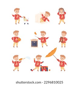 Kleiner Junge Charakter, der sich in einer anderen Aktivität mit Fun Vector Set engagiert
