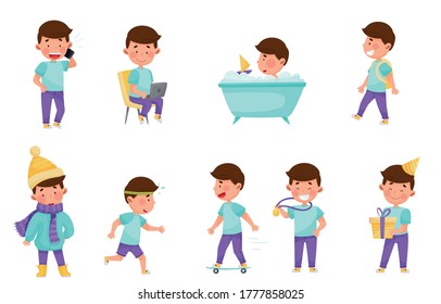 Little Boy Character Engaged in Skateboarding and Bathing Vector Illustration Set