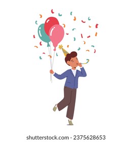 Little Boy Character Gleefully Celebrates Birthday Party, Blowing Pipe with Balloons Bunch in Hand, Creating A Joyful Atmosphere And Making Unforgettable Memories. Cartoon People Vector Illustration