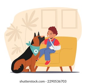 Little Boy Character With A Hand Fracture Is Accompanied By His Guide Dog, Who Providing Him With Help, Support And Companionship He Needs at Home Environment. Cartoon People Vector Illustration