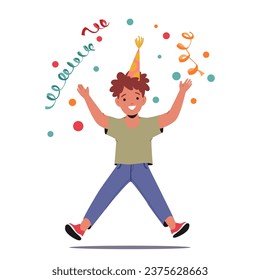 Caracter de niño en un sombrero que salta alegremente, celebra su fiesta de cumpleaños con actividades divertidas, creando una atmósfera alegre que brilla con risas, juegos y sorpresas deliciosas, vector