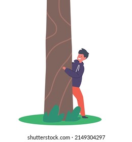 Little Boy Character Hiding behind of Tree, Child Playing on Street Hide and Seek, Rejoice at Summer Time. Healthy Life, Kids Outdoor Activity and Active Sparetime. Cartoon Vector Illustration