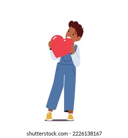 Little Boy Character Holding Big Red Heart in Hands. Concept of Love, Donation, Organ Transplantation. Happy Child with Heart Isolated on White Background. Cartoon People Vector Illustration