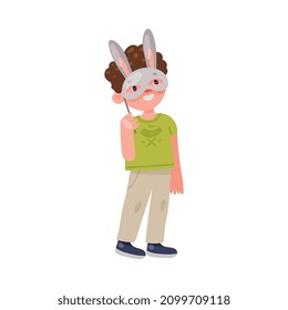 Little Boy Character Holding Bunny Snout with Ear as Party Birthday Photo Booth Prop Vector Illustration