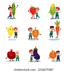 Little Boy Character with Huge Humanized Fruit and Vegetables Vector Set