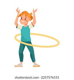 Little Boy Character with Hula Hoop Doing Sport Exercise Vector Illustration