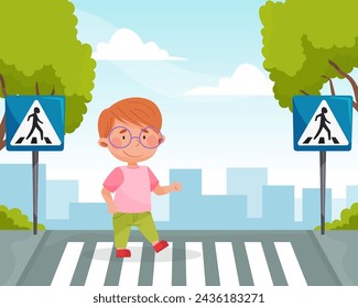 Niño Personaje Aprender Regla de Tráfico Cruzando La Carretera Ilustración Vectorial