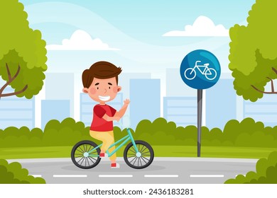 Little Boy Character Learn Traffic Rule Riding Bicycle Along Road Vector Illustration