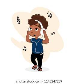 Little boy character listening to music in headphones vector illustration