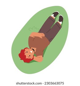 Little Boy Character Lying On Green Meadow, Surrounded By Nature's Beauty, Enjoying The Tranquility And Serenity Of The Vast Green Landscape Dream and Enjoy Summer. Cartoon People Vector Illustration