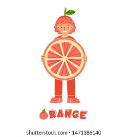 Little boy character in orange fruit costume. Kid dressed for kindergarten, school performance, show, carnival. Fruit childish clothing. Isolated cartoon illustration with lettering, text