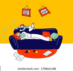 Little Boy Character Painting on Sleeping Father Face. Naughty Kid Making Mess, Drawing on Walls, Throw Things. Baby Create Chaos at Home during Covid19 Quarantine. Linear People Vector Illustration