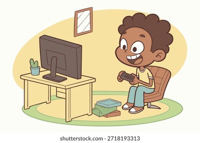 Kleiner Junge Charakter spielen Computerspiele. Flache Vektorgrafik