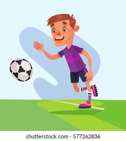 Little boy character play football. Vector flat cartoon illustration