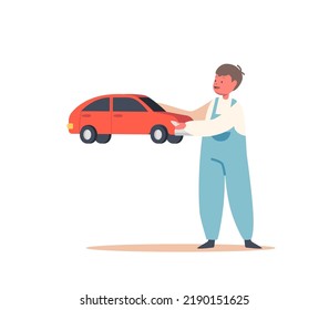 Little Boy Character Playing With Car. Child Fun With Toy, Kid Recreation At Home Or Kindergarten, Kids Activity, Donation To Orphans Isolated On White Background. Cartoon People Vector Illustration