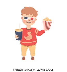 Little Boy Character with Popcorn, Soda and Wearing 3D Glasses Visiting Cinema Vector Illustration