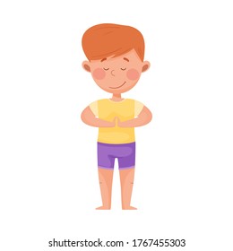 Little Boy Character Practising Yoga Stretching and Breathing Vector Illustration