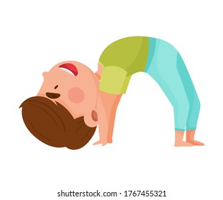 Little Boy Character Practising Yoga Stretching and Breathing Vector Illustration