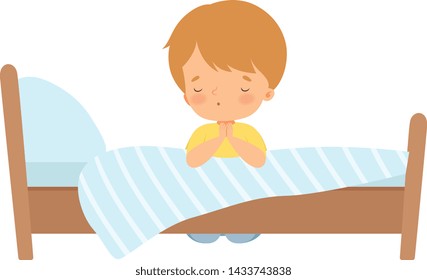 Little Boy Character Praying Beside his Bed Vector Illustration