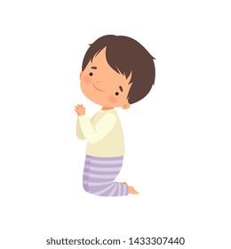 Little Boy Character Praying Standing on His Knees Cartoon Vector Illustration