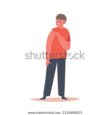 Little Boy Character Prepare Shoulder for Vaccination, Kids Health Care Concept. Child with Scared Face Afraid of Vaccine Shot, Baby Reaction, Anxiety Behaviour. Cartoon People Vector Illustration