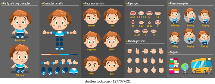 Little boy character puppet for your animation, motion design, print, web. Big vector set of character parts including emotions, lips sync, hand gestures, poses and more. Young curly hair boy puppet