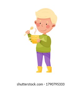 Little Boy Character in Rubber Boots Holding Cup with Hot Drink Vector Illustration