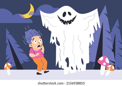 Little boy character scared of big ghost scene flat style, vector illustration. Night landscape, moon, fir trees and fly agaric. Hair on end, white monster, child fear concept