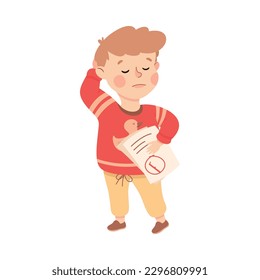 Little Boy Character Scratching Head Getting Paper with Bad Mark Vector Illustration