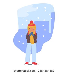 Little Boy Character Shivered As An Icy Breeze Brushed Against His Skin, His Teeth Chattering, And His Body Huddled, Seeking Warmth In The Bitter Cold. Cartoon People Vector Illustration