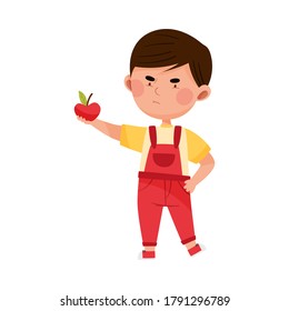 Little Boy Character Showing Dislike Towards Apple Vector Illustration