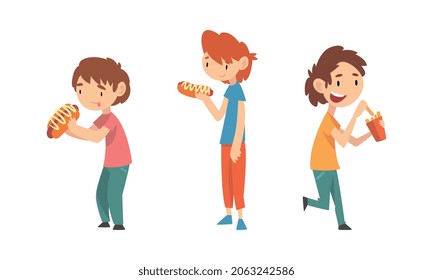Little Boy Character Showing Like Towards French Fries and Hot Dog Vector Set