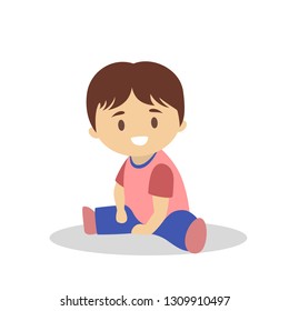 Little boy character sitting in red shirt and pants. School kid. Happy child. Nice person. Flat vector illustration