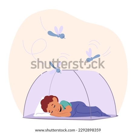 Little Boy Character Sleeps Under Net, Shielded From Mosquitoes. Comforted By Safety, Drifting To Dreamland In Peaceful Slumber. Children Pests Protection Concept. Cartoon People Vector Illustration