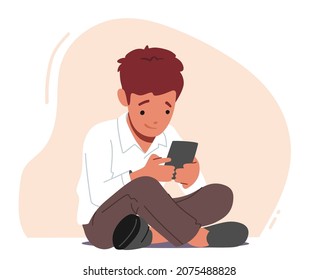 Little Boy Character with Smartphone in Hands, Child Using Gadgets, Kid Remote Education, Addiction of Smart Technologies. Early Development, Studying Online. Cartoon People Vector Illustration