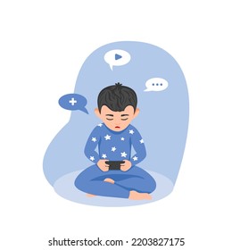 Little boy character with smartphone in hands. Addiction of smart technologies. Vector illustration