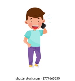 Little Boy Character Standing and Speaking by Phone Vector Illustration