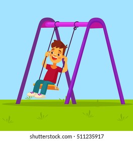 Little boy character swinging on swing. Vector flat cartoon illustration