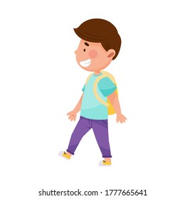 Little Boy Character Walking with Backpack Vector Illustration