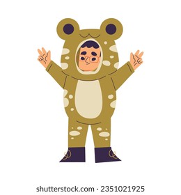 Little Boy Character Wearing Frog Animal Costume Having Fun Vector Illustration