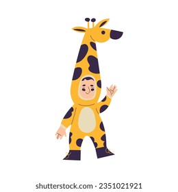 Little Boy Character Wearing Giraffe Animal Costume Waving Hand Having Fun Vector Illustration