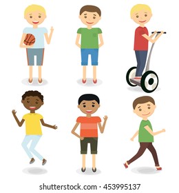 Little boy characters. Kids activities. Happy boys set. Vector Illustration
