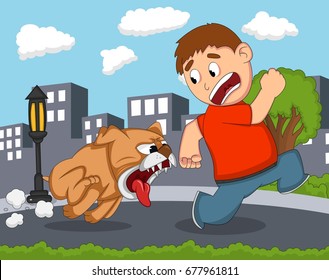 The little boy was chased by a fierce dog with city background cartoon vector illustration