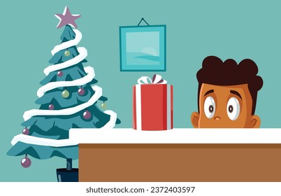 
Little Boy Checking the Christmas Gift Box on the Table Vector Illustration. Funny kid discovering a present in the morning during seasonal holidays
